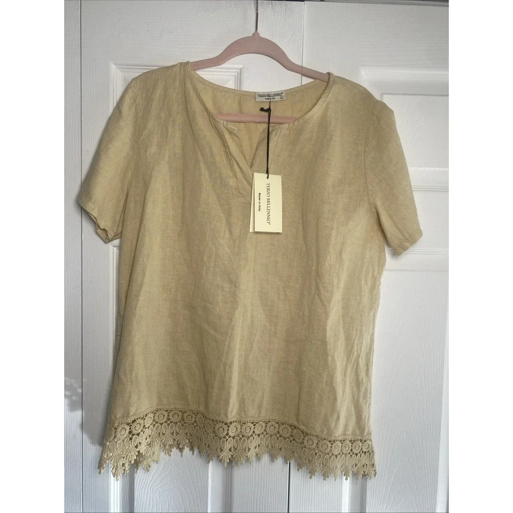 Terzo Millennio Womens Large Tan Tunic NEW Lace Hem Lagom Clean Girl - Picture 1 of 8